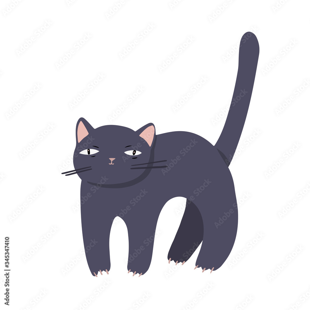 Frightened cartoon black cat with a pink nose on white background Frightened cartoon black cat with a pink nose on white background