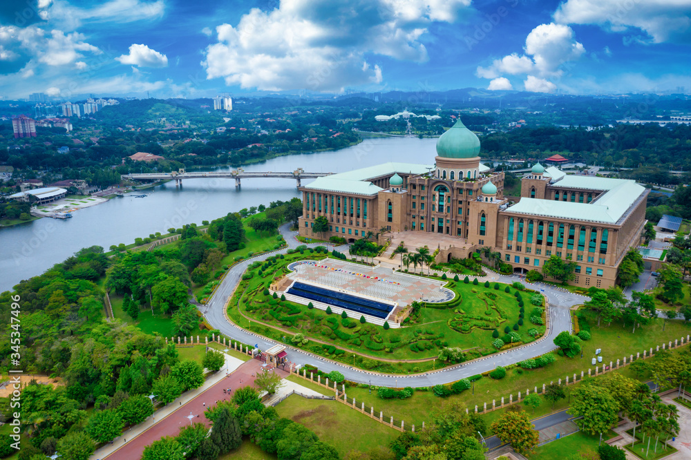Aerial View Of Putrajaya City Centre with Lake at daytime in Putrajaya, Malaysia.
