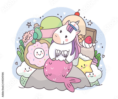 Cartoon cute adorable mermiad unicorn and sweet cake vector.