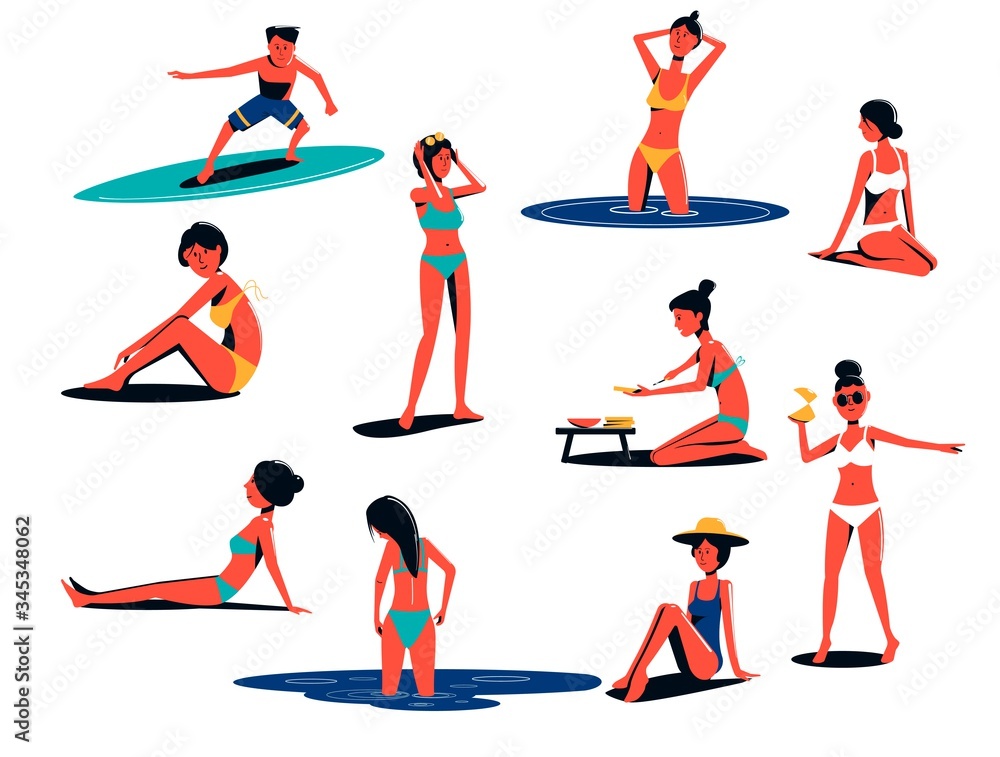 A set of people in swimsuits having a rest on the beach, sunbathing, bathing men and women.