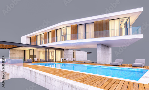 3d rendering of modern cozy house on the hill with garage and pool for sale or rent in evening with cozy light from window. Isolated on gray © korisbo