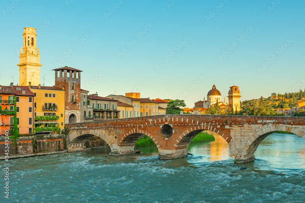 View on empty bridge Ponte Pietra with nobody in Verona, Veneto, Italy. Quarantine coronavirus covid 19 concept