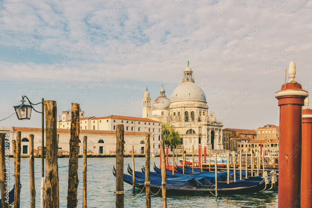 Grand Canal and Basilica Santa Maria della Salute with gondolas, Venice, Veneto, Italy. vintage toning