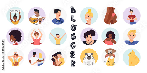Blogging and vlogging sticker, avatar, highlights set. A lot of various persons and different age, ethnics, professions and interests and pets profile avatar too. Flat vector hand drawn illustration.