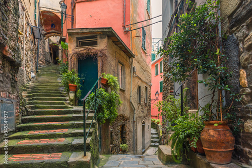 Old italian street in town Vernazza with medieval stairs and pots with green plants with nobody on Cinque Terre coast, Italy © samael334