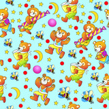 Illustration seamless pattern children's ornament funny bears with honey, book, ball and candy