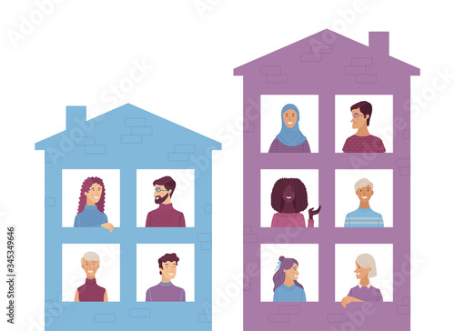 Multicultural happy people look out of windows