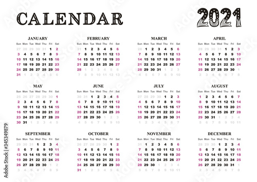 Landscape Calendar template. 2021 yearly calendar. 12 months yearly calendar set in 2021. Vector illustration. 