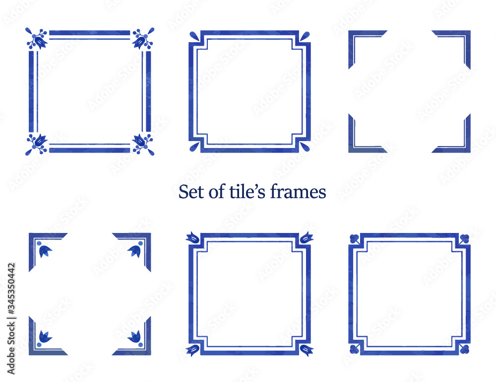 Set of watercolor blue frames. Ornaments for tiles - obrazy, fototapety, plakaty 