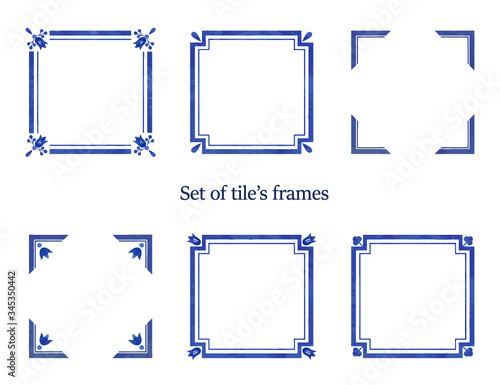 Set of watercolor blue frames. Ornaments for tiles photo