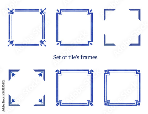 Set of watercolor blue frames. Ornaments for tiles