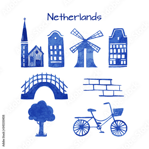 Hand drawn watercolor set of Netherlands illustrations. Houses, bridge, bicycle, windmill and bricks