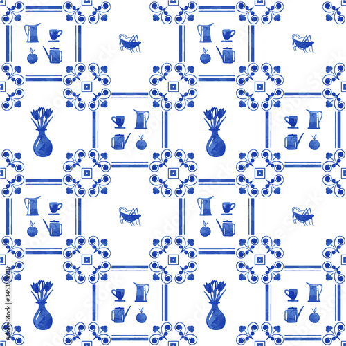 Watercolor seamless patterns with dutch ornaments. floral elements and decorations. Netherlands tiles 