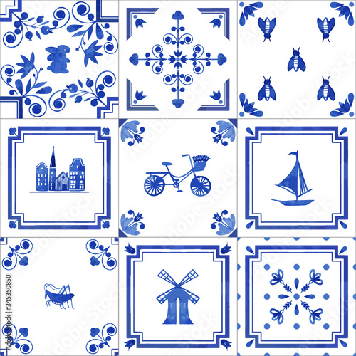 Watercolor seamless patterns with dutch ornaments. floral elements and decorations. Netherlands tiles  photo