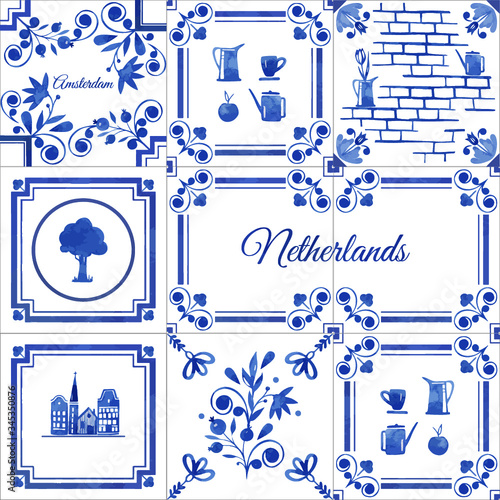 Watercolor seamless patterns with dutch ornaments. floral elements and decorations. Netherlands tiles 