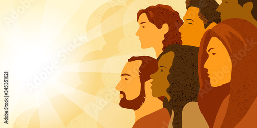 Vector illustration of multinational group of people - men and women looking into the distance. Concept of hope, concern about changing of the climate and planning of future. photo