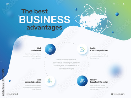 Simple colorful infographics design template. Circular element with 4 pictograms and text box. Four advantages for your business. Vector illustration for presentation, website, banner and for printing