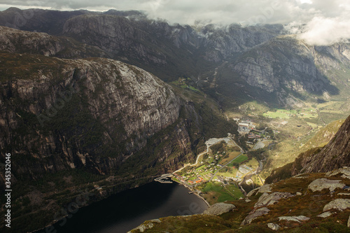 top view of the city in the lowlands of mountains in norway