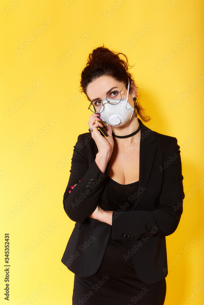 Business woman in glasses wearing protective mask to Prevention for Coronavirus or Covid-19 Outbreak Situation - Concept, contagious disease, healthcare and Business. Brunette Business woman in glasses wearing protective mask to Prevention for Coronavirus or Covid-19 Outbreak Situation - Concept, contagious disease, healthcare and Business. Brunette