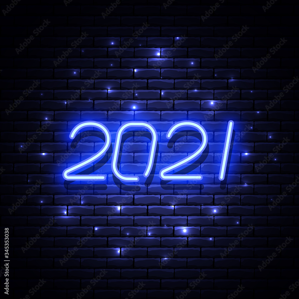 2021 New Year glowing blue neon signboard with lights on brick wall. Vector illustration. 2021 New Year glowing blue neon signboard with lights on brick wall. Vector illustration.