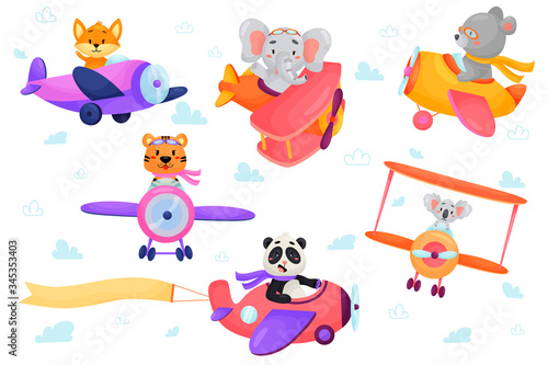Set of cute animal on planes. Kids transport. Funny pilots. Fox, bear, tiger, elephant, panda, koala. Vector illustration