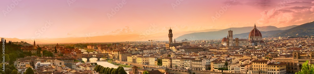 Beautiful urban panorama of Florence, Italy, with bridges over the Arno river
