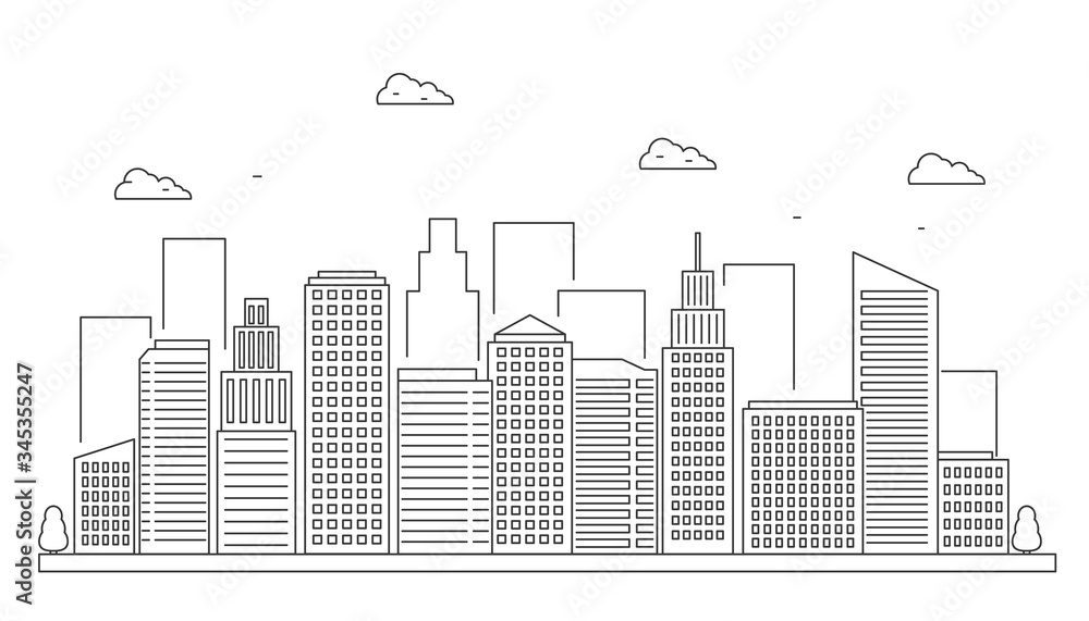 Modern city landscape vector illustration in thin line design on white background. City sketch 