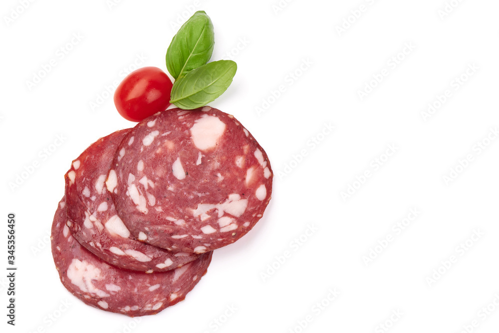 Sliced Milano salami, traditional dried sausage, jerked meat, isolated on white background Sliced Milano salami, traditional dried sausage, jerked meat, isolated on white background