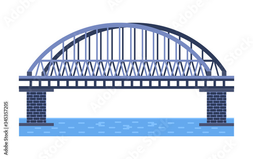 Bridge vector illustration. City architecture element with cables, freeway and bridge-construction across the river with carriageway isolated and lanterns on colourful landscape