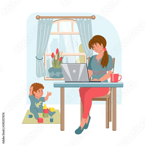 Young woman with laptop working from home. Working mom with kid in modern interior. Home office concept. People who study or work at home. Vector illustration in flat style.
