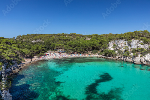 Panoramic view of the most beautiful beach Cala Macarella of Menorca island  Balearic islands  Spain