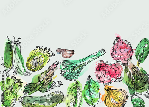 Vegetables Hand-drawn watercolor background with nature mediterranean vegetables. Fresh organic food.