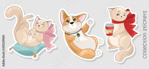 Set of Corgi and Cat stickers,icons. Cute dog with romantic items. Vector illustration.
 Printing on fabric, paper, postcards, invitations.