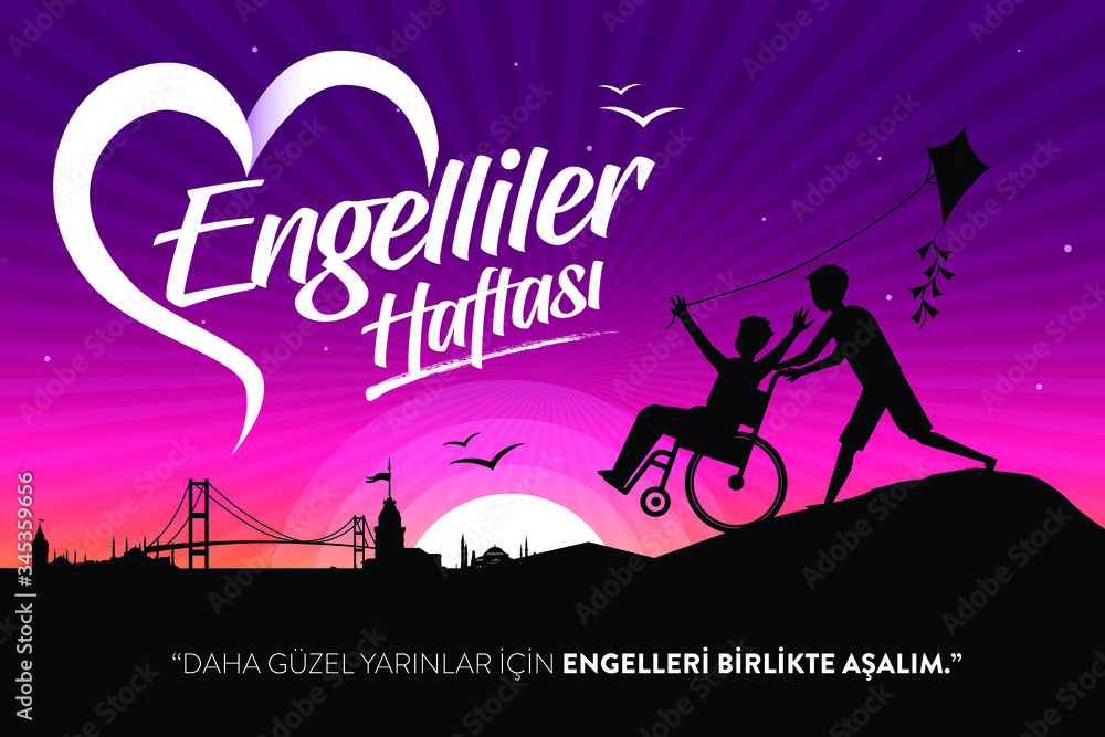 Plakat International Day of Persons with Disabilities Greeting Card. Turkish Translate: Engelliler haftası, Engel Yok, Tebrik Karti.