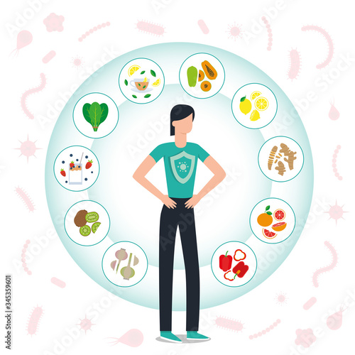 Immune system vector protection. Health bacteria virus protection. Medical prevention human boosters. Healthy woman reflect bacteria attack. Boost Immunity with medicine concept illustration.