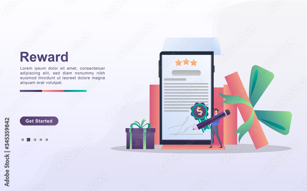 Reward program and get gift concept. People win sweepstakes, cash back programs, rewards for loyal customers, attractive offers. Can use for web landing page, banner, mobile app. Vector Illustration Reward program and get gift concept. People win sweepstakes, cash back programs, rewards for loyal customers, attractive offers. Can use for web landing page, banner, mobile app. Vector Illustration
