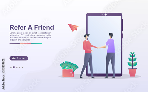 Refer a friend concept. affiliate partnership and earn money. marketing strategy. Referral program and social media marketing. Can use for web landing page, banner, mobile app. Vector Illustration