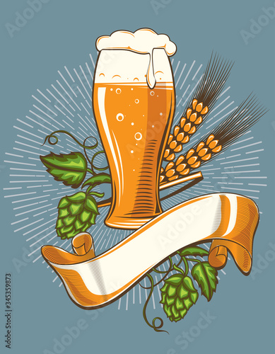 Decorative emblem - glass of beer with hop and wheat