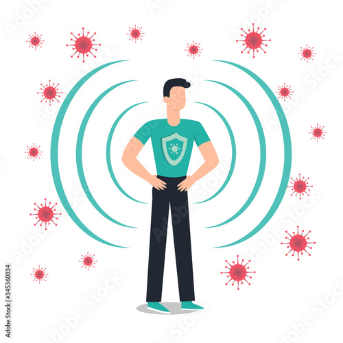 Immune system vector icon logo. Health bacteria virus protection. Medical prevention human germ. Healthy man reflect bacteria attack with shield. Boost Immunity with medicine concept illustration