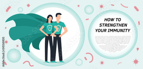 Immune system vector icon logo. Health bacteria virus protection. Medical prevention human germ. Healthy man reflect bacteria attack with shield. Boost Immunity with medicine concept illustration