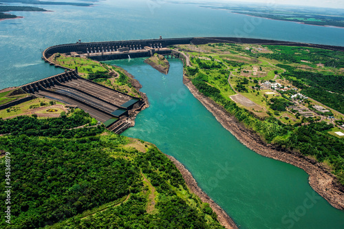 Itaipu electrical dam in Brazil and Argentina aerial photo. One of the most expensive buildings in the world. photo