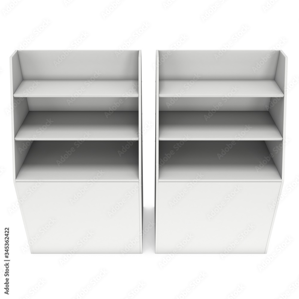 Cardboard retail shelves rack. Blank Trade Show Booth. 3d render isolated on white background. Ad template for your expo design. Cardboard retail shelves rack. Blank Trade Show Booth. 3d render isolated on white background. Ad template for your expo design.