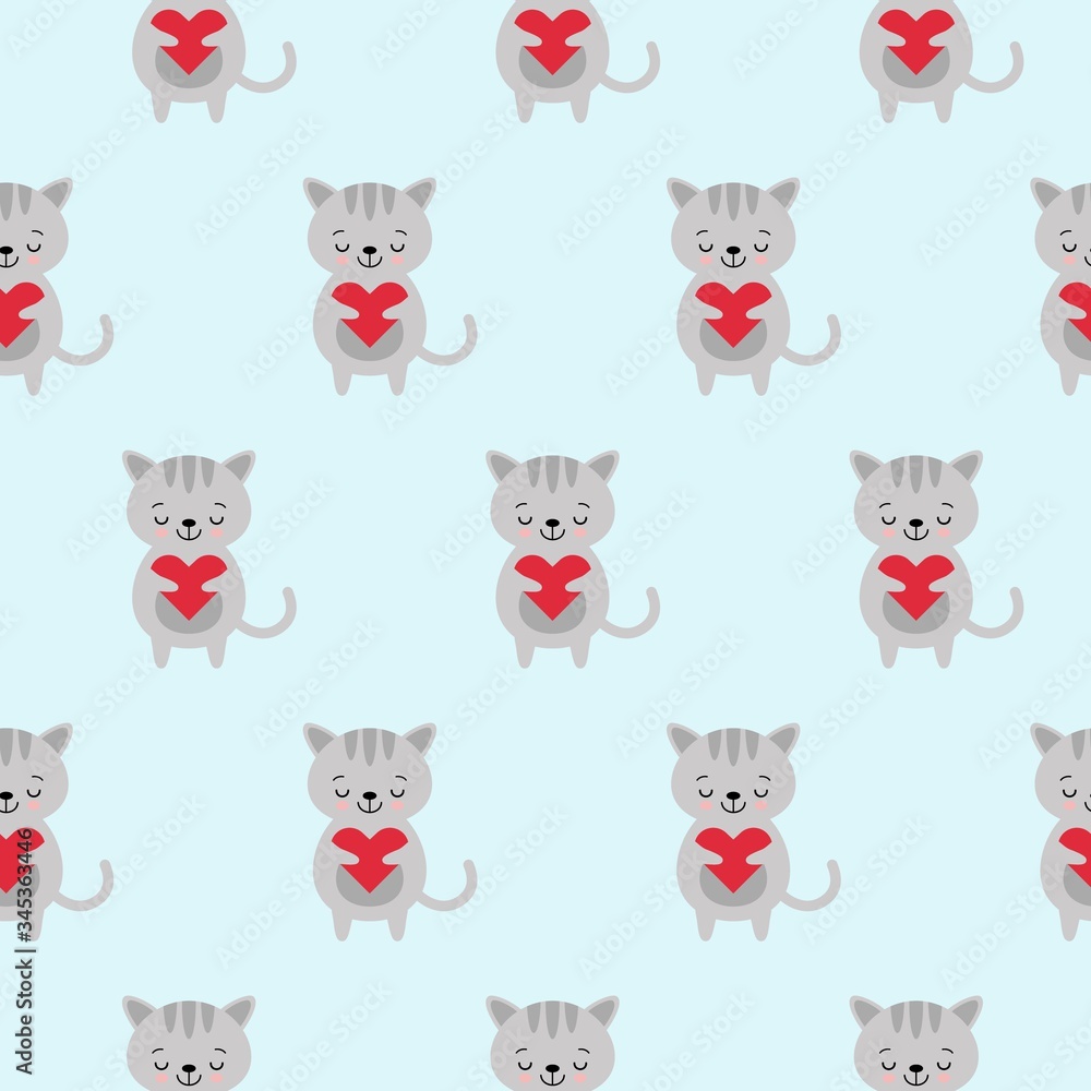 Seamless pattern with cute funny kawaii cartoon gray cats with hearts. Vector seamless texture for wallpapers, pattern fills, web page backgrounds Seamless pattern with cute funny kawaii cartoon gray cats with hearts. Vector seamless texture for wallpapers, pattern fills, web page backgrounds