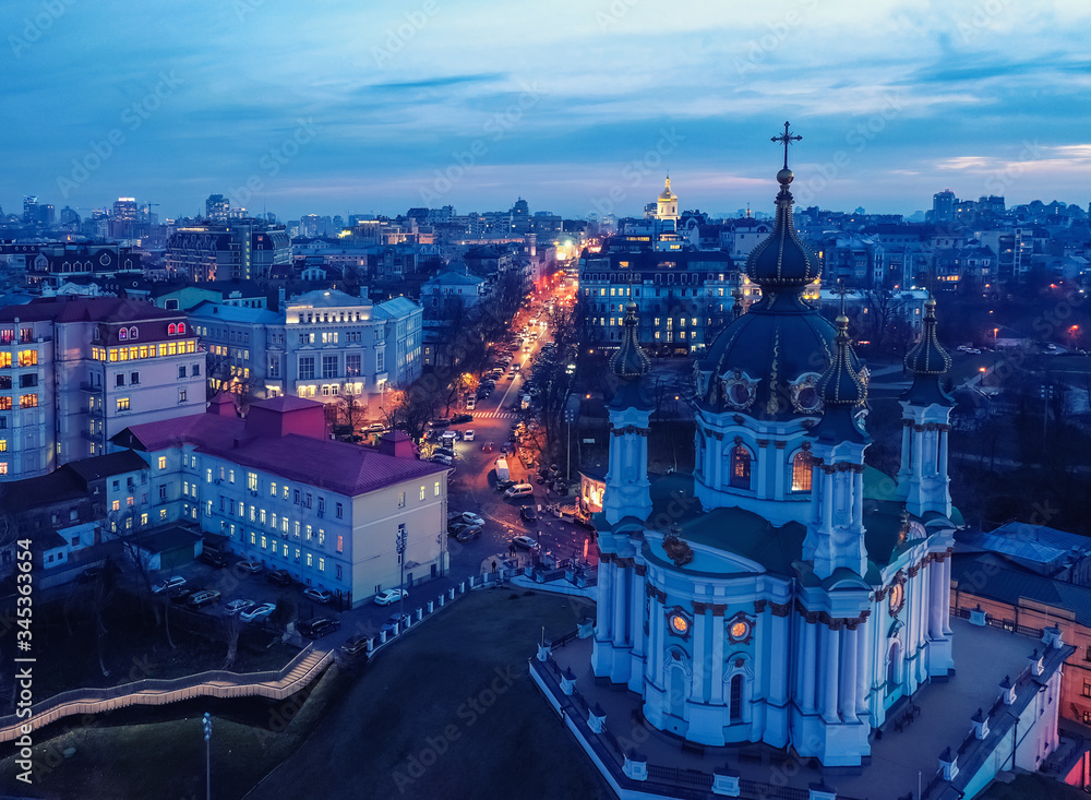 Fototapeta premium Andrew's Church at night. Kiev, Ukraine. Aerial view of Kyiv