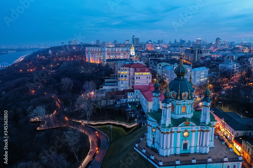 Andrew's Church at night. Kiev, Ukraine. Aerial view of Kyiv