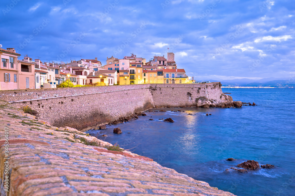 French riviera. Historic town of Antibes seafront and landmarks dawn view