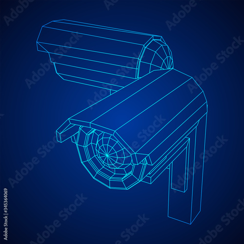 Modern video camera. Webcam viewing area. Safety, security concept. Wireframe low poly mesh vector illustration.