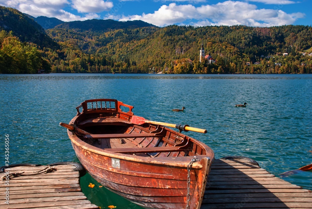 Small boats on Lake Bled in Slovenia