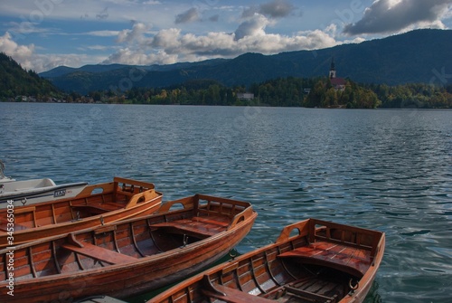 Small boats on Lake Bled in Slovenia
