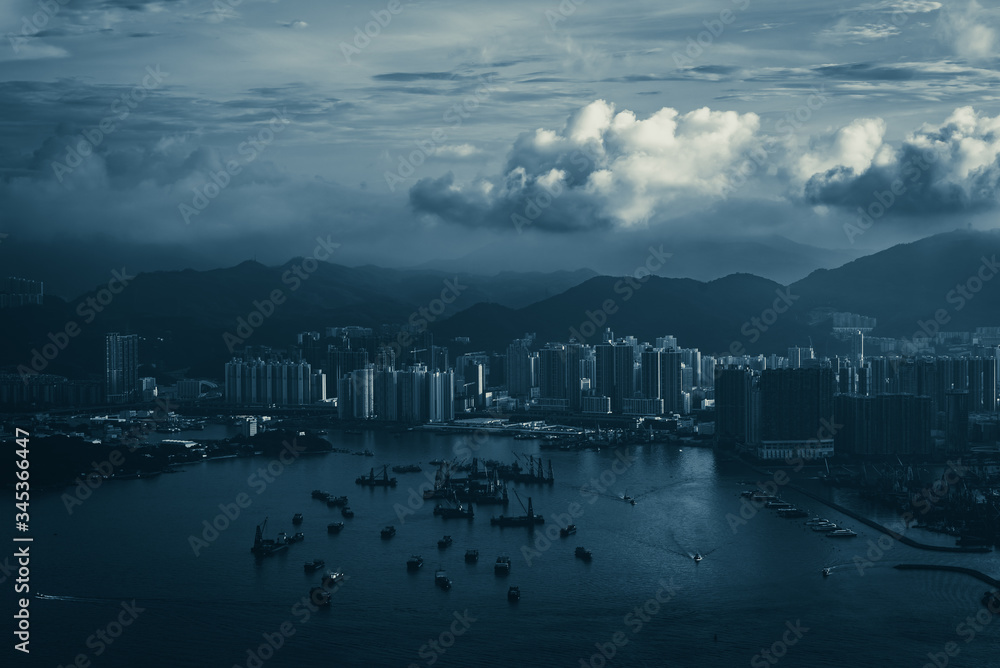 Hong Kong - April 25, 2020: Panorama of Victoria Harbor of Hong Kong city, cityscape with skyscraper